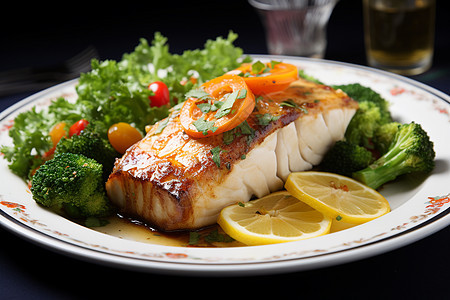 健康饮食的油炸三文鱼蔬菜拼盘图片