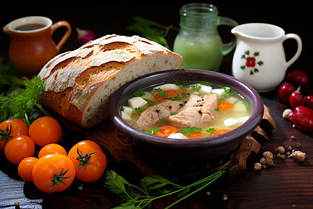 餐桌上的蔬菜汤和面包图片