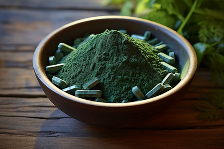 自然疗法的绿藻粉背景图片