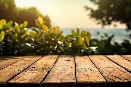 夏季户外的田园木桌背景图片
