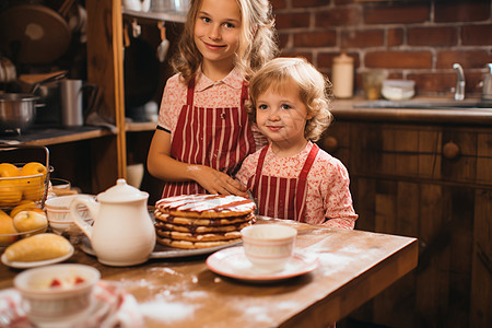 厨房中烘焙面包的姐妹俩背景图片