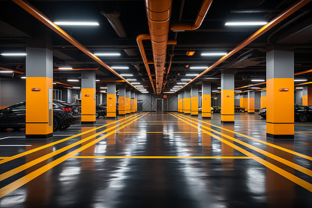 地面灯光整洁有序的地下停车场背景