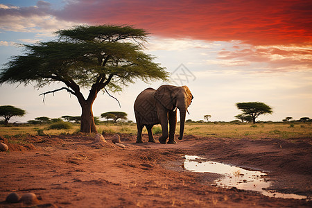 树旁的大象图片