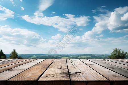 蓝天白云下的木板纹理背景图片