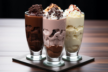 三杯美味的冰淇淋甜点背景图片