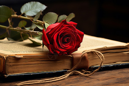 书桌上的书本和玫瑰背景图片
