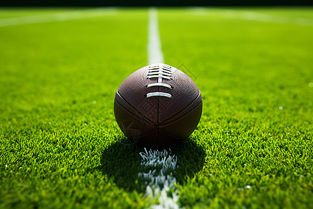 超扁平足球在青翠绿草场上线条映衬图片