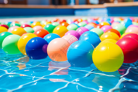 泳池上的彩色小球图片