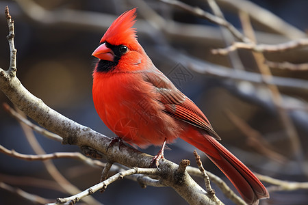 一只红色鸟在光秃的树枝上栖息图片