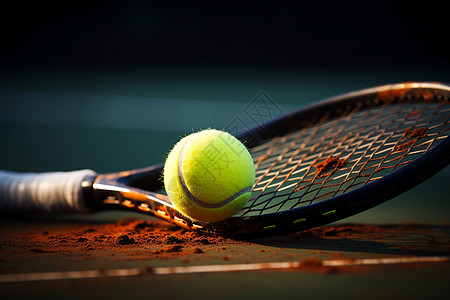 网球场上的网球和球拍背景