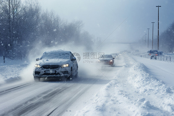 冬季风雪中行驶的汽车图片