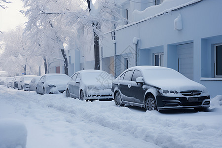 天气寒冷白雪覆盖的街道停着的汽车背景