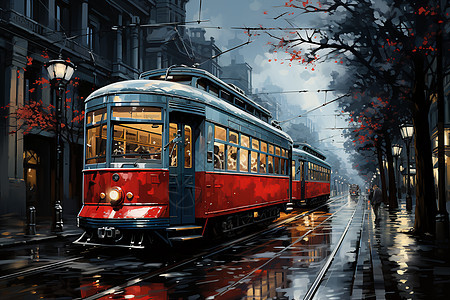 城市雨中的电动列车背景图片