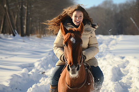 雪地骑马的女子图片