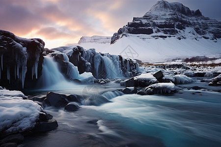 冰岛冬季瀑布冰雪瀑布背景