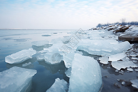 冰雪漂浮湖边图片