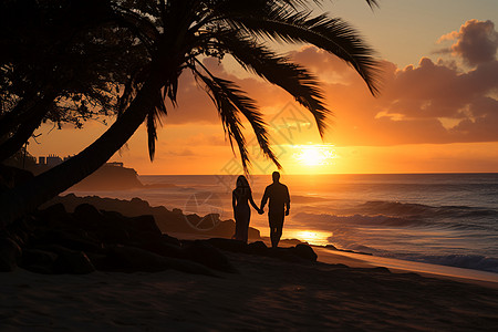 恋人在沙滩上漫步背景图片