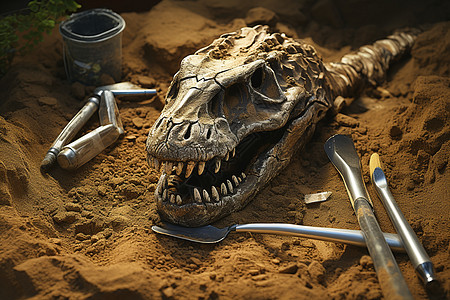 泥土里的恐龙头骨背景图片