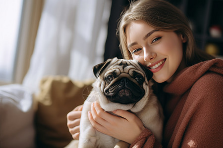 抱着巴哥犬的女孩图片