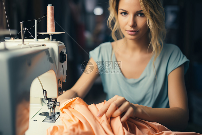 女性用缝纫机制作衣物图片