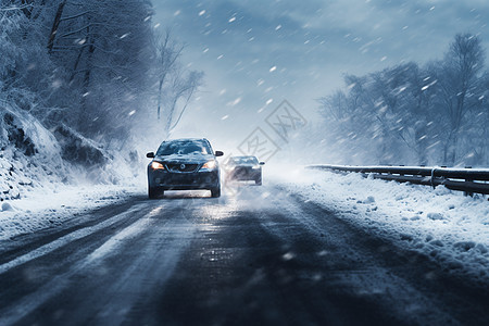 雪地道路上的汽车背景图片