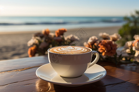 咖啡与花朵海滩饮品高清图片