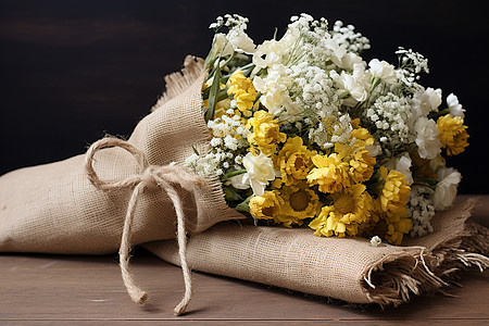 桌上包裹着麻布的花束图片