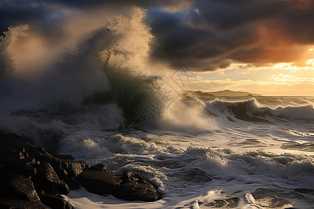 海浪咆哮的壮丽日落图片