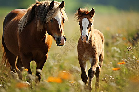 草地上两匹马悠然漫步图片