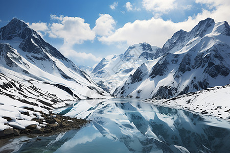 冰雪山脉下的湖泊图片