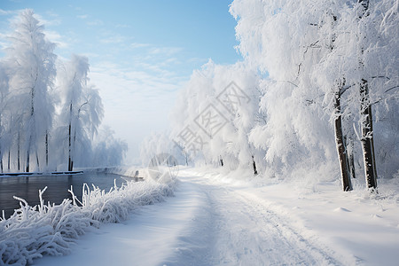 冬日白雪笼罩的林间小路图片