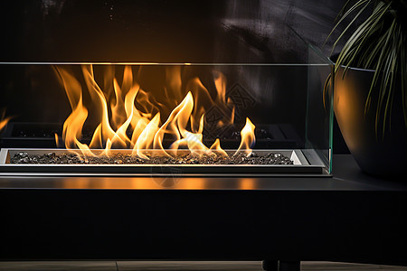 玻璃壁炉的炽热火焰背景图片