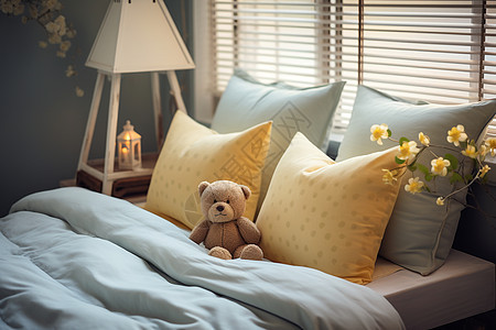 温馨卧室中的小熊玩偶图片