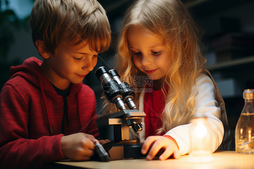 两个小孩在看显微镜图片