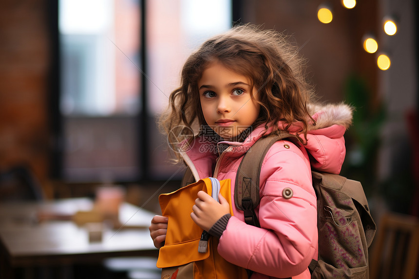 可爱的小学女生在学校门口背着书包图片