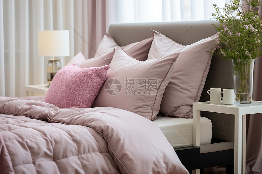 粉红色温馨的一张床图片