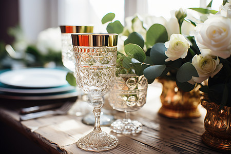 餐桌上高雅的酒杯和花束背景图片