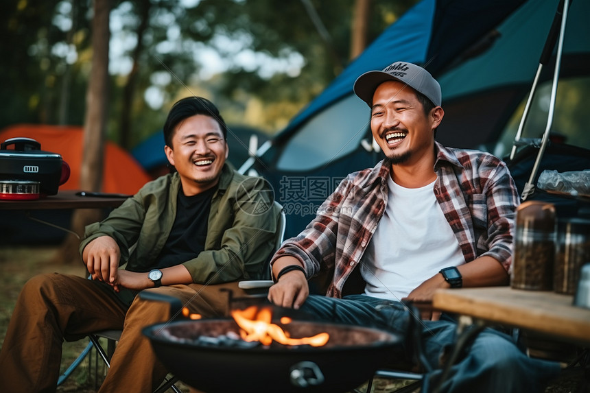 户外露营烧烤的中年男子图片