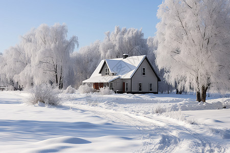 冰雪覆盖的乡村小屋图片