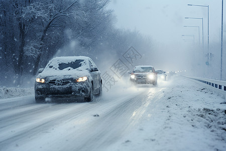 白雪皑皑道理上行驶的汽车图片
