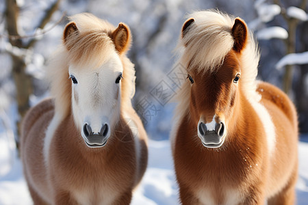冬日林间的两匹马图片