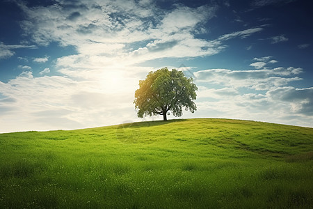 青山绿水间孤树独立背景图片