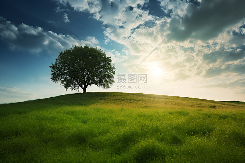 草坡上孤独的一棵树图片