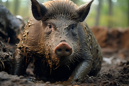 沼泽中沾满泥土的野猪图片