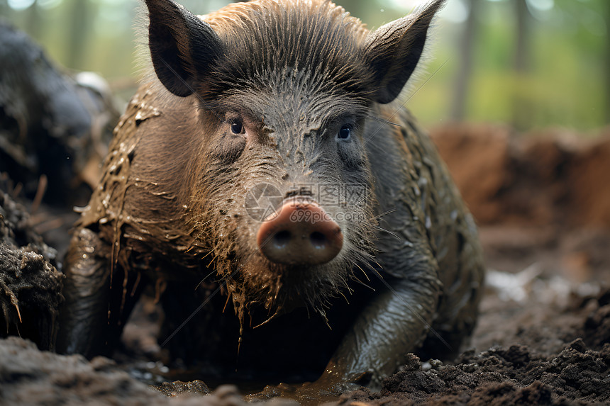 沼泽中沾满泥土的野猪图片