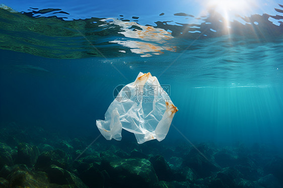 海洋中漂浮的塑料袋图片