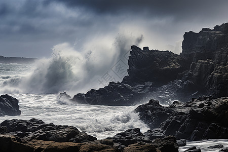 巨浪撞击海边岩石图片
