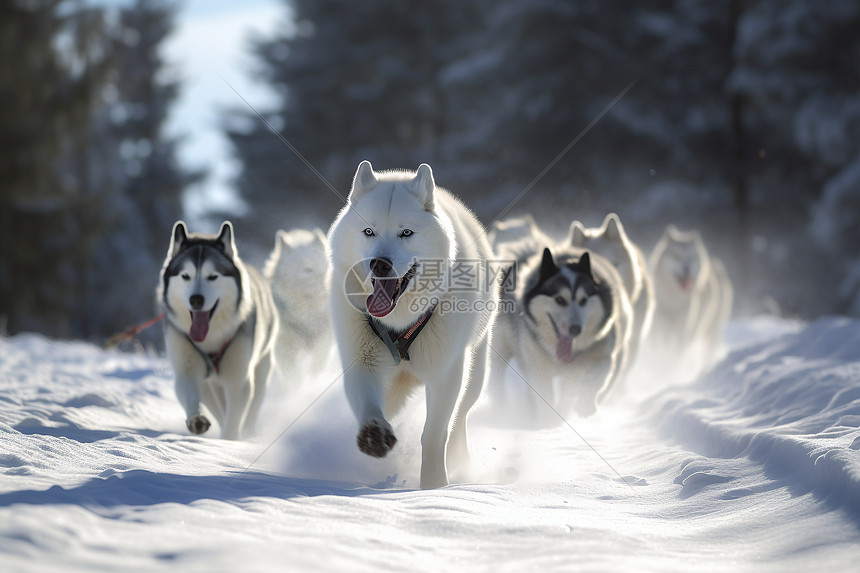 欢乐奔跑玩耍的雪橇犬图片