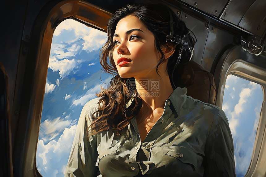 插画飞机上的女性图片