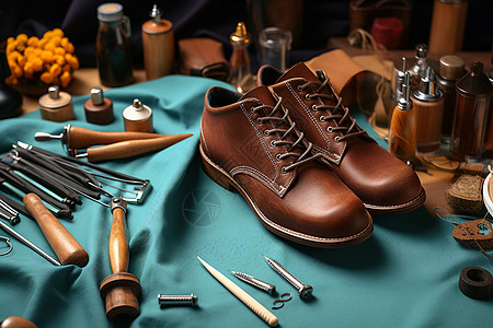 皮革样品鞋子和工具背景